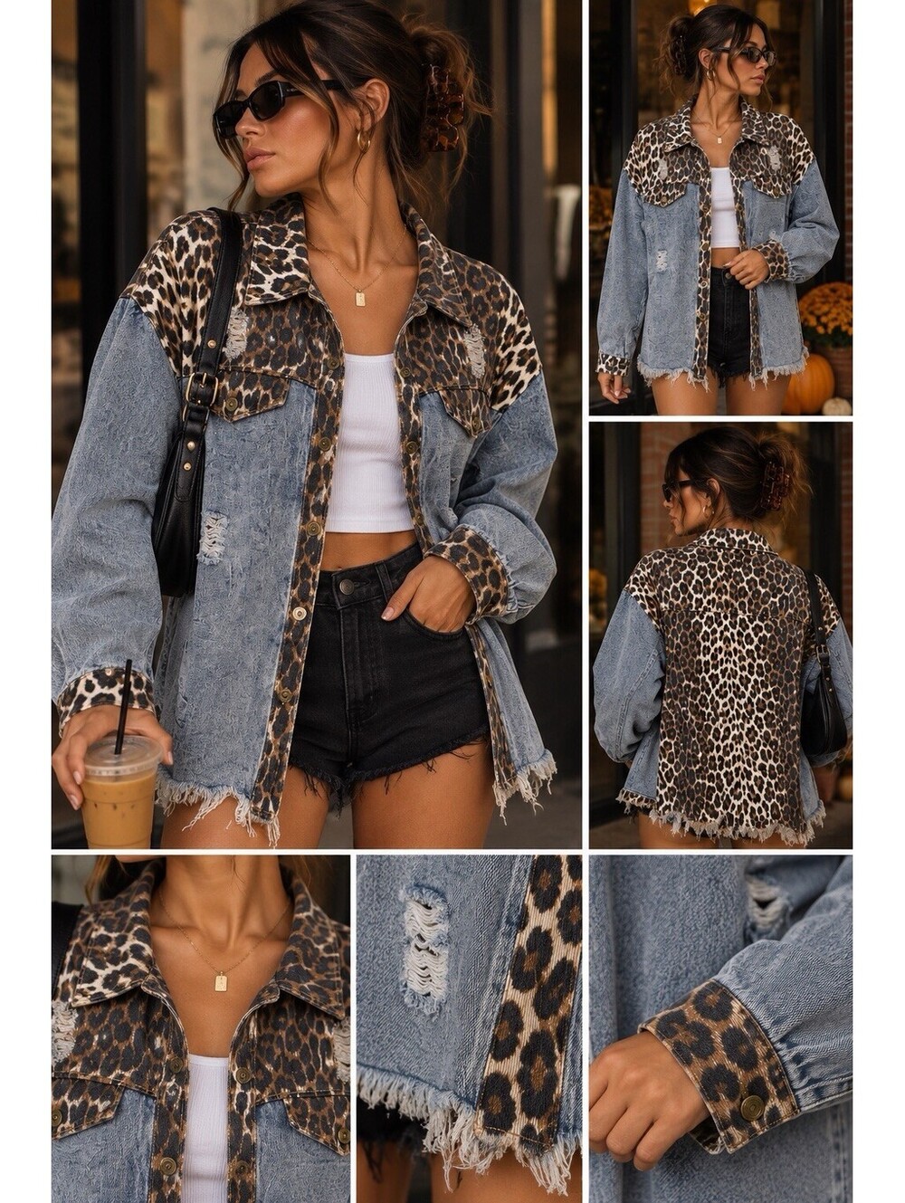 ODDI Leopard Denim Jacket 2XL Distressed Oversized Shacket Western Grunge